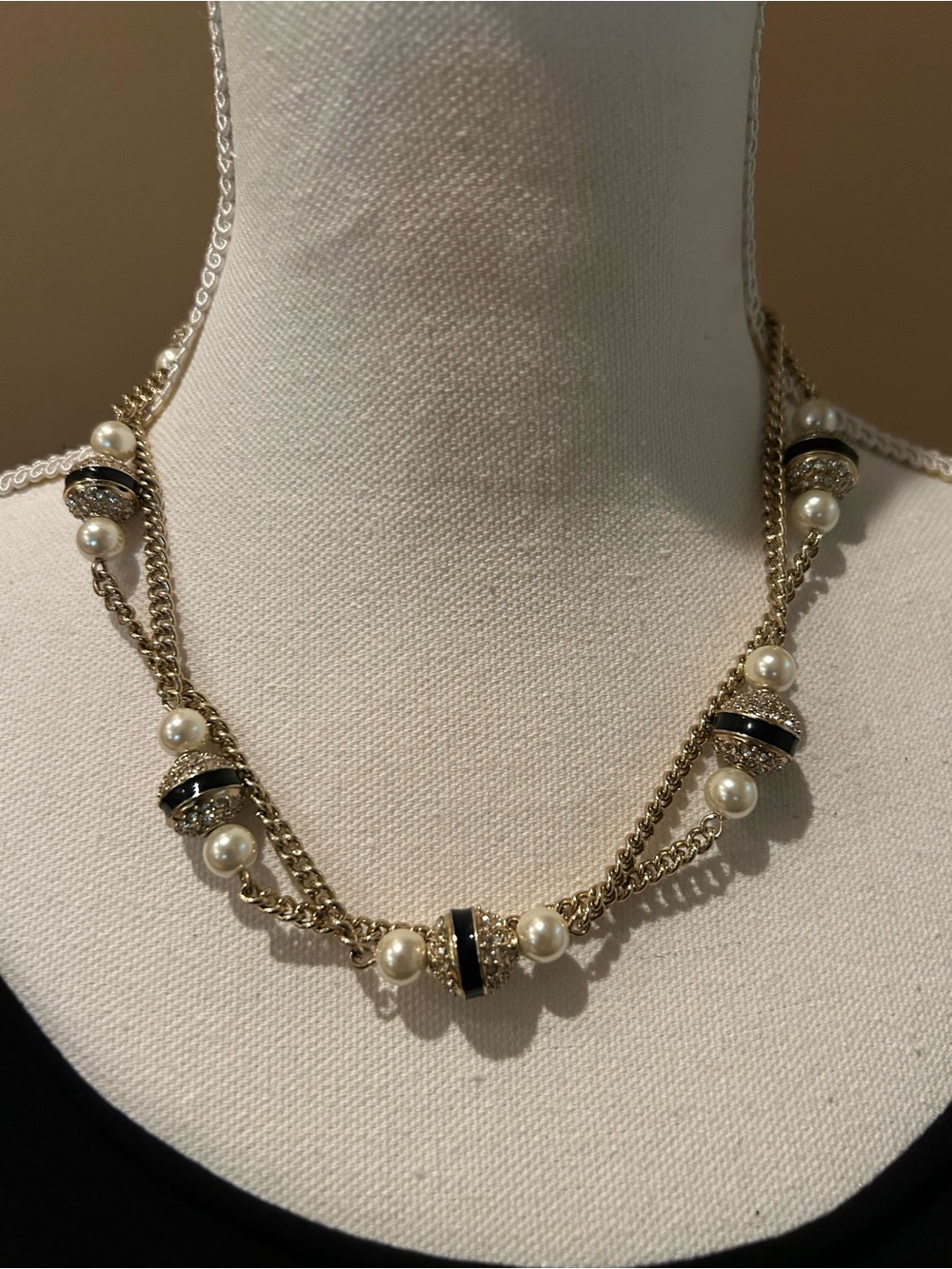 Vintage J. Crew Gold-Tone Pearl Rhinestone Necklace Black Enamel Adjustable